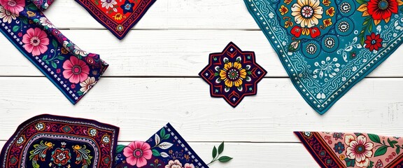 Floral, paisley, geometric bandanas on white wood,  vibrant,  summer