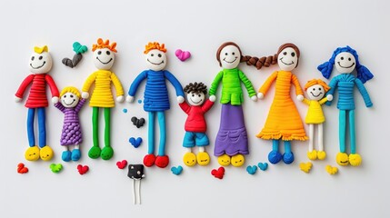 Naklejka premium Happy family made of modeling clay, joyful DIY figures of parents and children on white