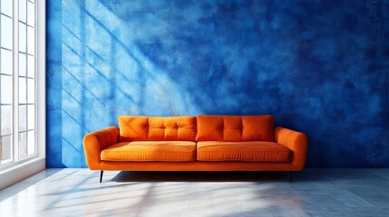 Interior with an orange sofa in a modern living room with a mock-up wall, offering a customizable and dynamic design. Panorama, Generative AI
