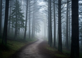 Obraz premium A path disappearing into a dense, foggy forest