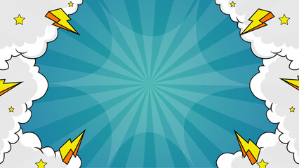 Comic book themed background with dynamic clouds, lightning bolts, and stars. Perfect for superhero, action, or sci-fi designs. Energizing and vibrant.