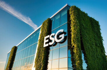 “ESG” on a glass building. Stainless steel font, modern design. Environmental Social Governance.