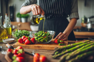 Person pouring olive oil on salad with asparagus and strawberries in a kitchen setting at daytime