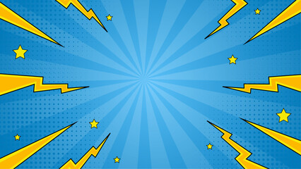 Blue background with yellow lightning bolts and stars in comic book style; suitable for superhero themes, graphic design projects, and children's books.