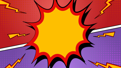 Vibrant comic book explosion in red and purple, ideal for comic events, posters, and superhero designs. Burst of color!