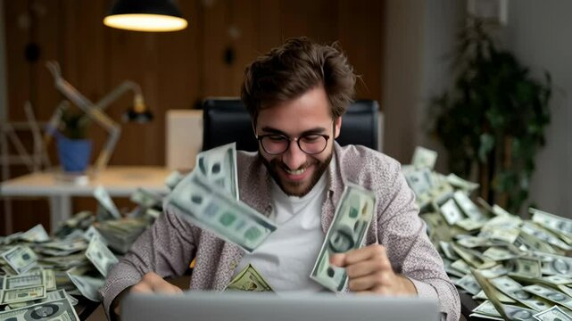 Man smiling with money celebrating success and finance, happy celebration of wealth and cash indoor office environment with