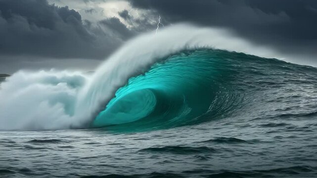 Powerful turquoise wave crashes during a stormy sky with lightning