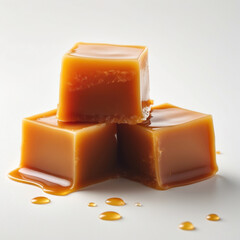 Three caramel cubes. White background. Sweet treat, candy, delicious.