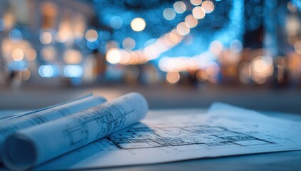 Architectural blueprints on a table, city lights in the background