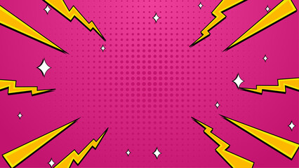 Pink pop art background with yellow lightning bolts and white stars, perfect for energetic and vibrant designs for various projects.