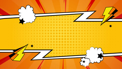 Yellow comic book background with lightning bolts and speech bubbles. Ideal for superhero themed designs, kids parties, and action-packed illustrations.