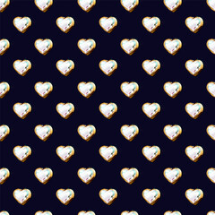Seamless pattern of diamonds in a gold frame in the shape of hearts on a dark blue background. Vector