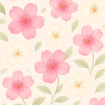 Seamless floral pattern with soft pink and cream cherry blossoms, delicate green leaves, hand-painted watercolor style, light pastel background, Japanese sakura illustration, elegant minimal design fo
