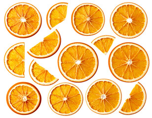 Obraz premium Randomly Scattered Dried Orange Pieces and Broken Segments, Organic Messy Layout, isolated