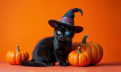 A black young cat with multicolored eyes wearing a witch hat with pumpkins on an orange background. Happy Halloween