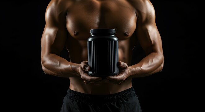 A strong man holding a black protein container, highlighting body and wellness concepts for sports nutrition.