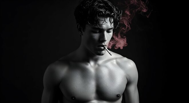 Young man with wet hair and shoulders, cigarette in mouth, exhaling pink smoke, on dark background. - Powered by Adobe
