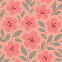 Soft floral wallpaper seamless pattern featuring coral pink cherry blossoms, olive green leaves, blush pastel background, botanical design for interior decor, textile prints, spring theme, delicate fl