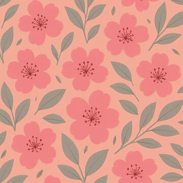 Soft floral wallpaper seamless pattern featuring coral pink cherry blossoms, olive green leaves, blush pastel background, botanical design for interior decor, textile prints, spring theme, delicate fl