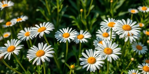 Fototapeta premium Sun-drenched daisies unfurl, petals vibrant, dew-kissed, in a lush garden corner, macro, detail
