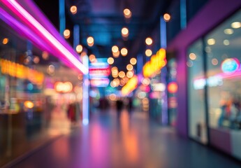 Blurred view of a vibrant shopping center at night
