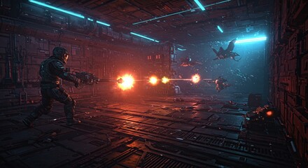 In a sci-fi world, a futuristic warrior battles alien invaders with energy weapons inside a dark metallic spaceship corridor.