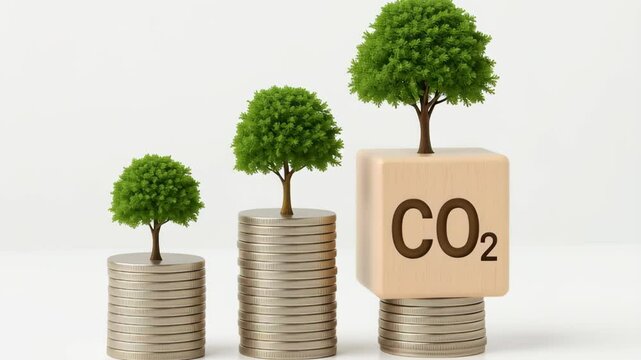 Business carbon credit. Three stacks of coins with green trees growing top and wooden block with CO2 symbol representing environmental growth and carbon reduction concept