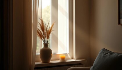 Sunlit corner, minimalist vase, lit candle, cozy interior,  space,   modern