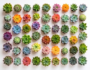 Numerous colorful succulent plants stand close together in a vibrant natural display, exhibiting a beautiful array of green and rainbow hues.