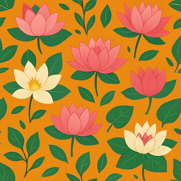Seamless Lotus Flower Pattern with Bright Pink Blossoms, Green Leaves, Yellow Background, Flat Vector Style, Clean Lines, Stylized Floral Art for Fabric and Wallpaper Design