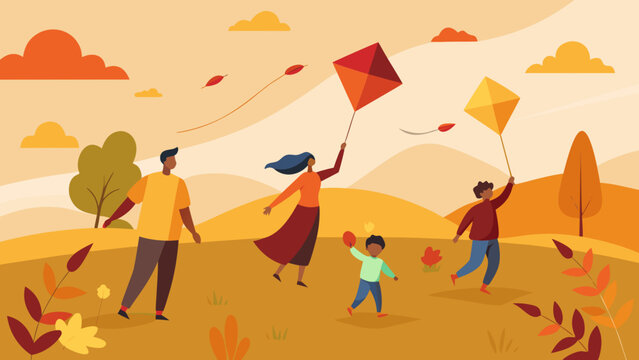 Autumn mood. Family enjoying a windy autumn day flying kites together in a colorful open landscape
