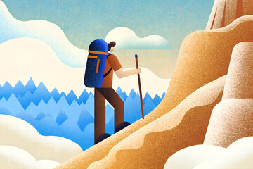 リュックを背負って杖を突いて登山する人
