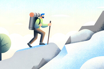 リュックを背負って杖を突いて登山する人
