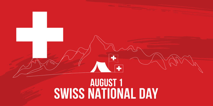 Swiss National Day poster with mountain silhouette, white cross emblem, tent, flags, and bold text celebrating August 1 patriotism