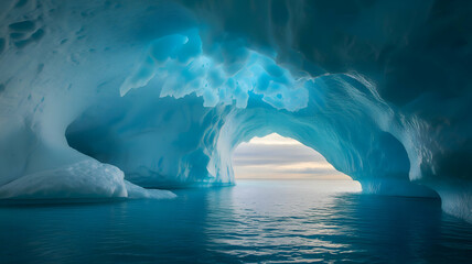 Captivating natural ice cave formation with shimmering glacial blue hues and open water vista beyond
