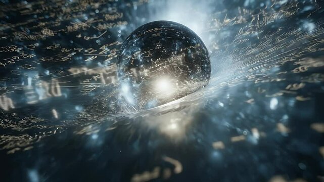 AI core floating inside glass sphere, surrounded by orbiting light particles and math equations