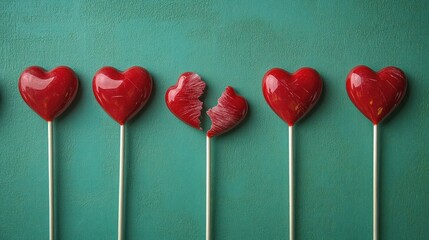 Row of red heart-shaped lollipops, one broken in two