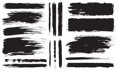 Straight line vector brush line. Black hand drawn stripes, smears. Chinese or Japanese calligraphy brushstrokes set. Rough grunge thick paint line texture. Sketch text boxes collection.Stock-Vector
