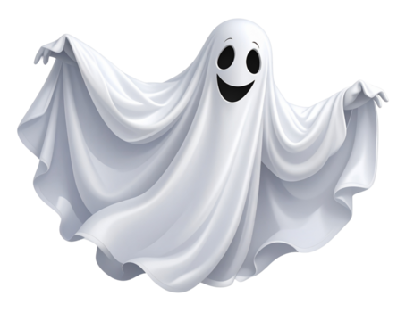 Flying Halloween Ghost in Flowing White Sheet with Wavy Edges – Isolated PNG with Shadow