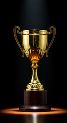 Luxurious golden award, casting reflections under a dramatic light, standing solitary in a dark setting