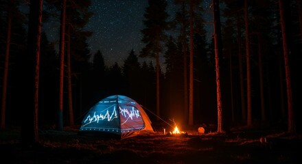 A tent illuminated with financial data sits in a dark forest, beside a campfire under a starry night.