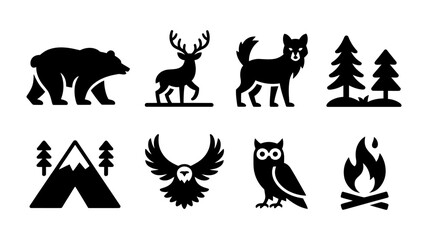 Fototapeta premium Vector art of a set of black camping and wildlife icons isolated on white background