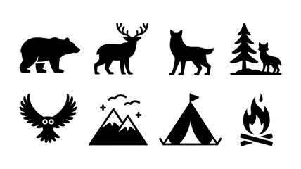 Fototapeta premium Vector art of a collection of camping and wildlife icons isolated on white background