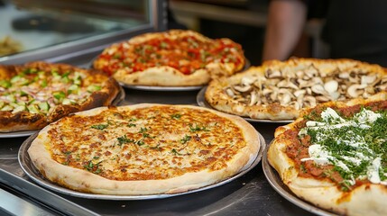 Five delicious pizzas with various toppings are displayed on metal trays at a counter, ready to be served.