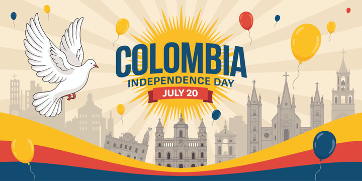 Colombia Independence Day artwork with peace dove, skyline silhouette, flag colors, balloons, and sunburst celebrating July 20 heritage