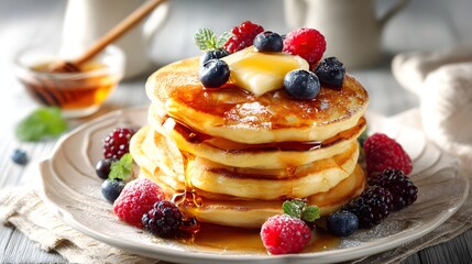A realistic overhead shot of American pancakes stacked high with butter melting, drizzled in maple syrup and topped with fresh berries.