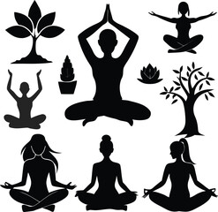 Vector silhouettes of women in various yoga and pilates poses, emphasizing relaxation, health, and fitness