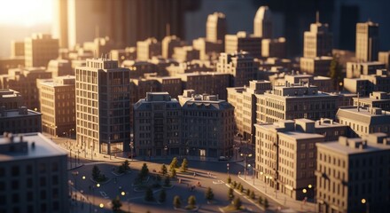 Miniature Cityscape Model of Urban Buildings in Sunset Light