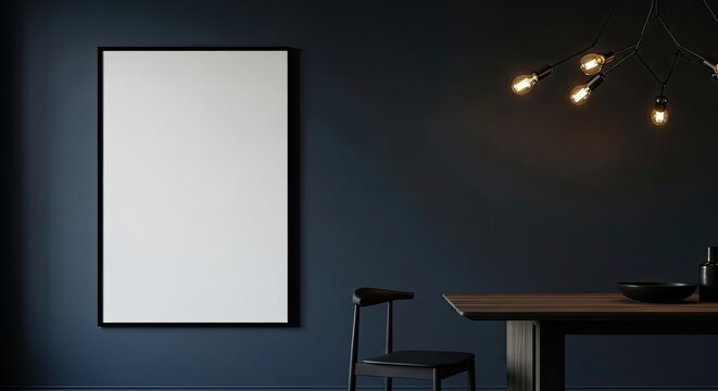 Vertical frame mockup in moody blue minimalist dining room