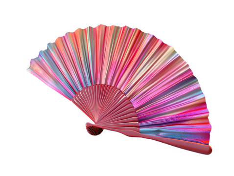 Decorative hand fan with vibrant colors and a modern, artistic design isolated on transparent background